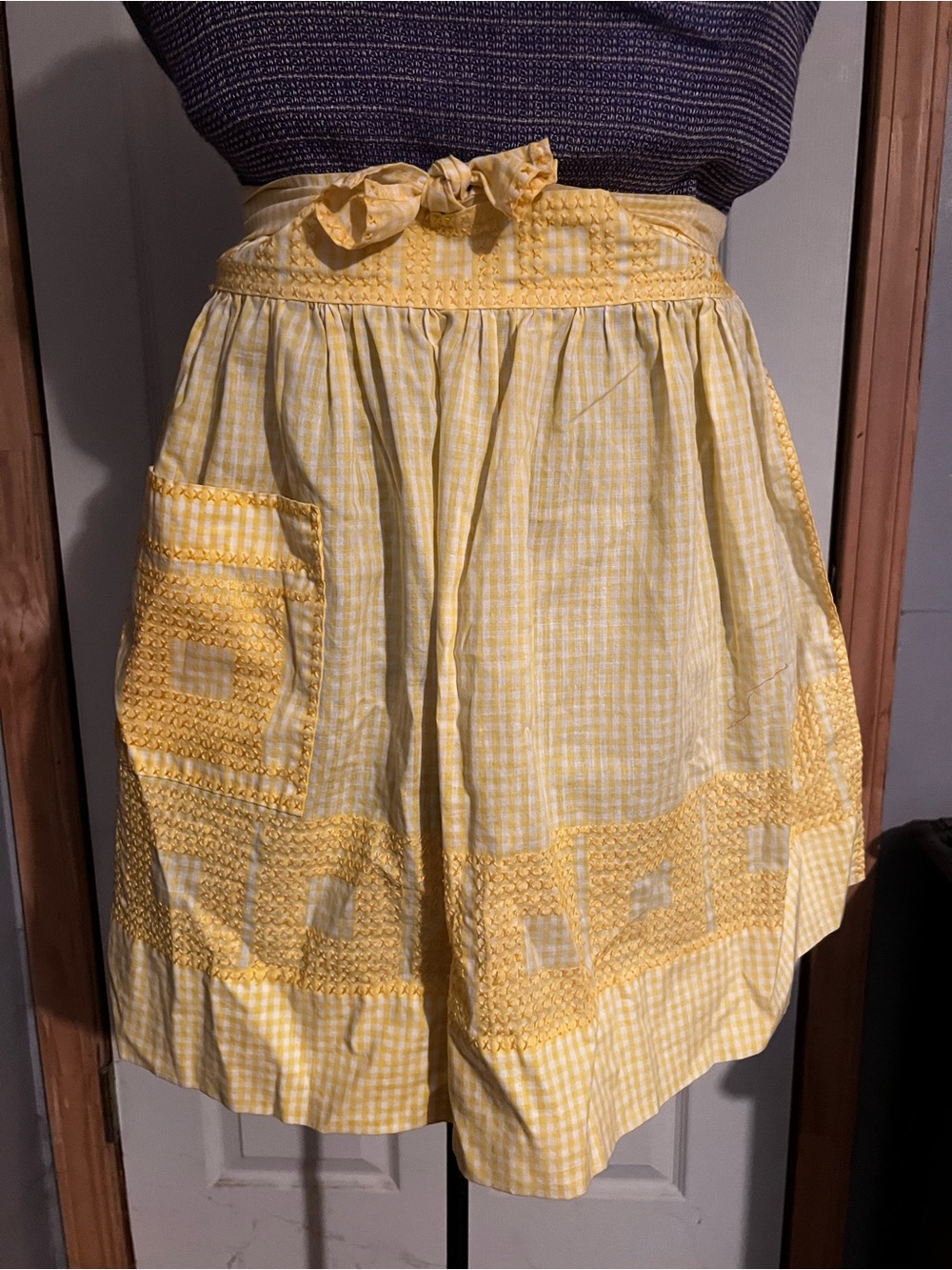 Vintage Yellow Gingham Apon with Embroidered Trim